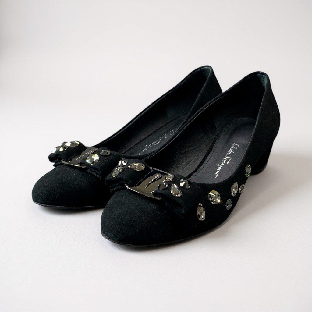 3 a 5 Salvatore Ferragamo サルヴァトーレフェラガモ VARASW ビジュー付き ヴァラ レザーパンプス サイズ5 D ブラック スウェード レディース 女性用 靴k 02 i