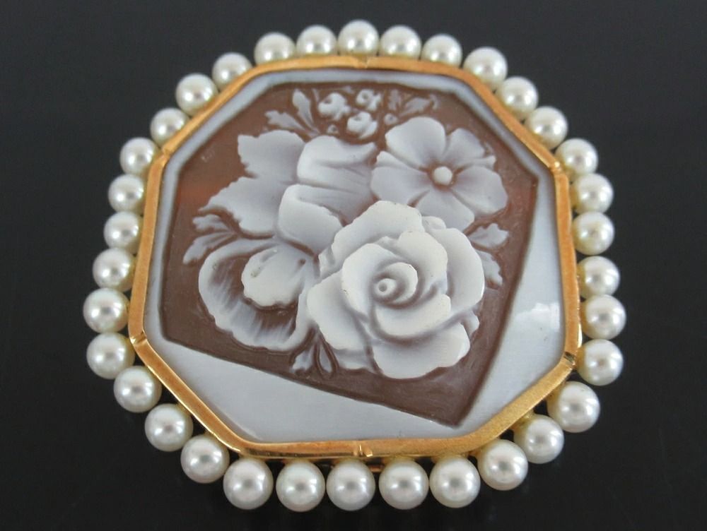DILUCA ITALY 3 mm玉 34粒 真珠 パール K 18 イエローゴールド カメオ ピンブローチ ペンダントトップ 2 WAYアクセサリー フラワーモチーフ rk 9186