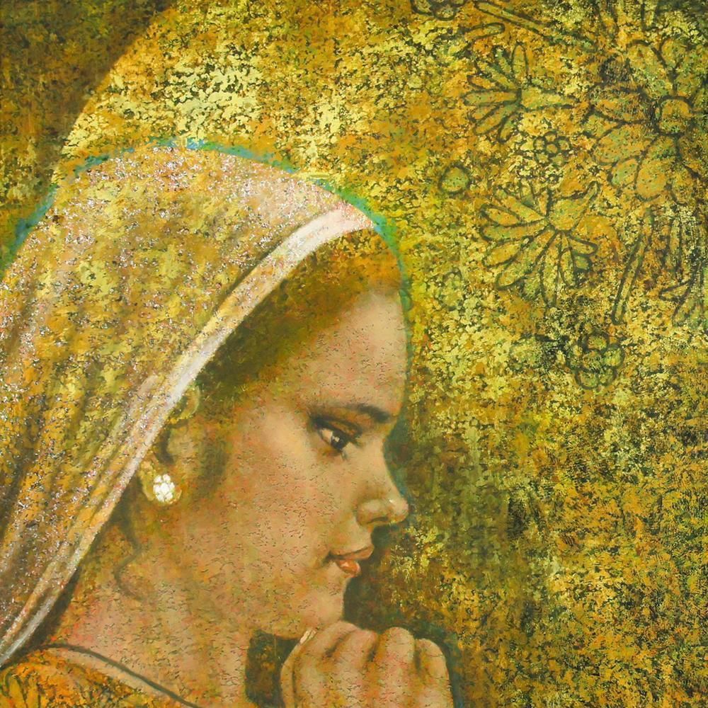  真作 WISH 佐藤秀人 カルマの少女 板に油彩 4号 異国の美しい少女 〇世界各地を取材 個展 繊細絵画世界 油彩画 絵画