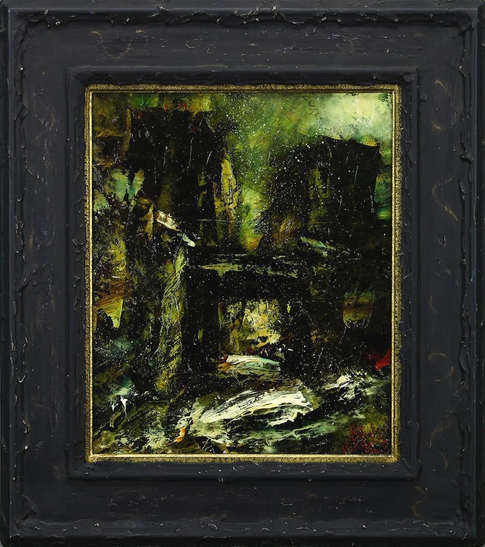 真作 WISH 宮本豊蔵 ガードのある風景 油彩 8号 2005年個展 作 証明シール 重厚色彩 町 〇現代の佐伯祐三