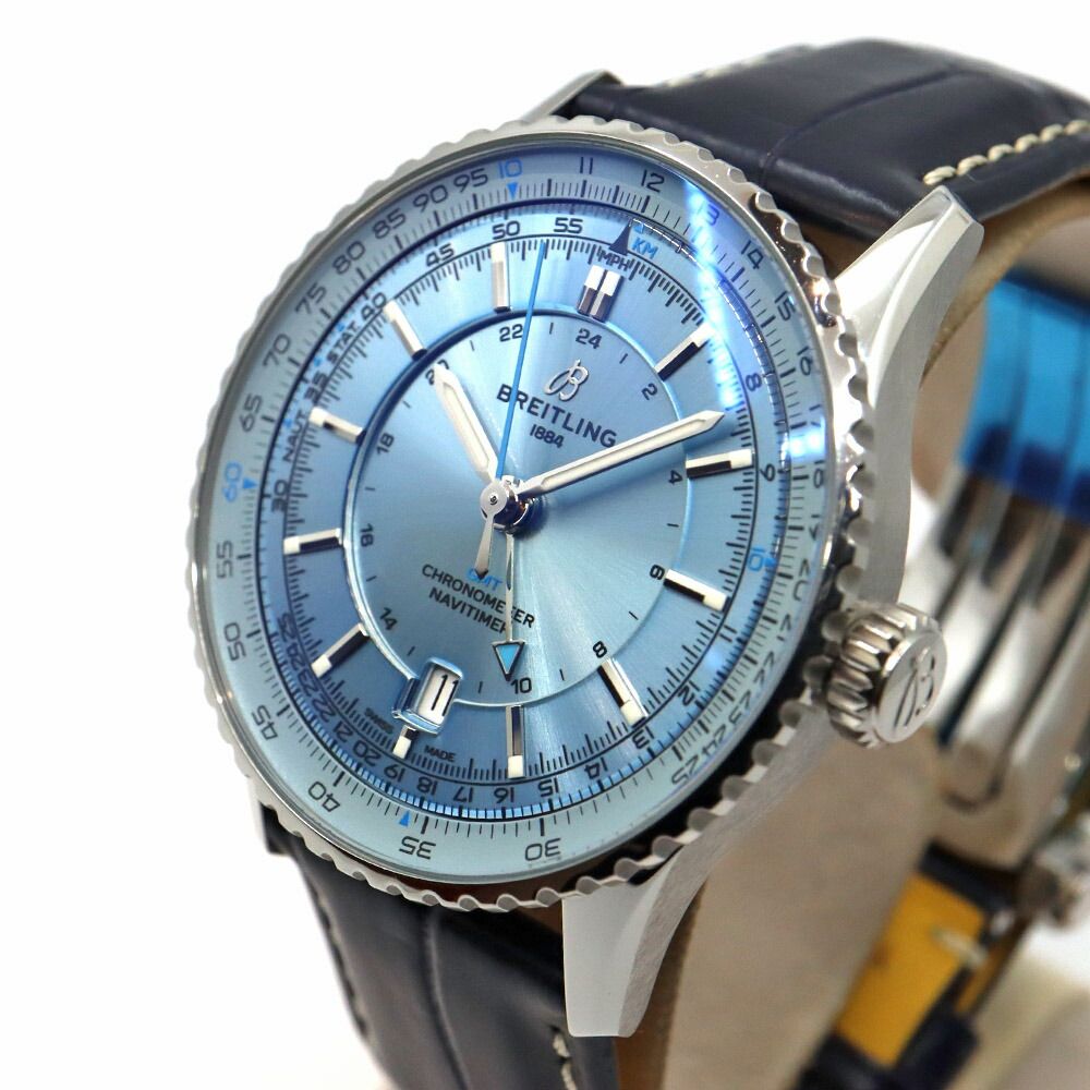 栄 ブライトリング ナビタイマー GMT 41 アイスブルー 腕時計 SS レザー 自動巻き メンズ