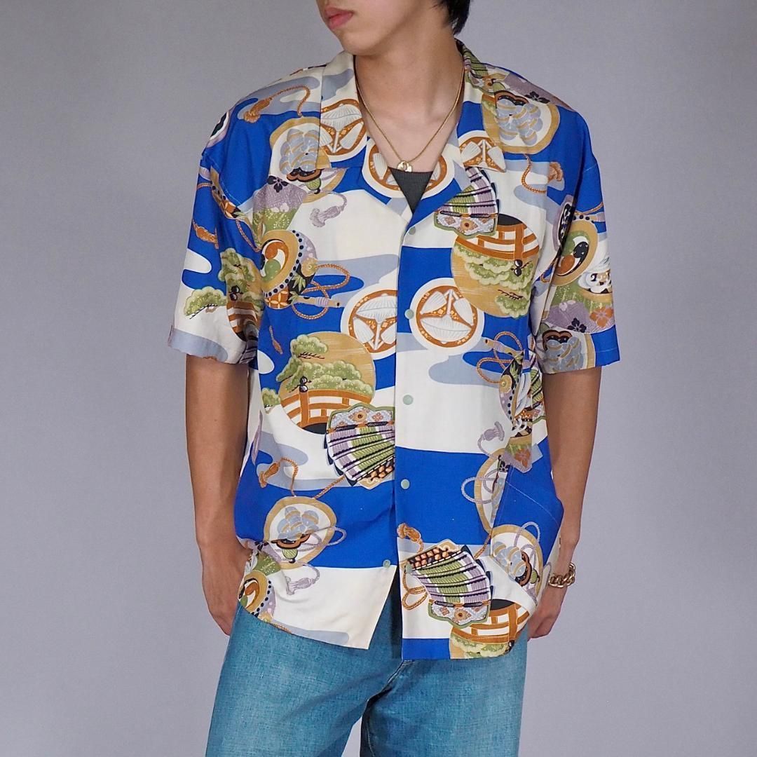 着物リメイク メンズL スナップボタン オープンカラーシャツ リラックスフィット ヴィンテージ着物 アップサイクル