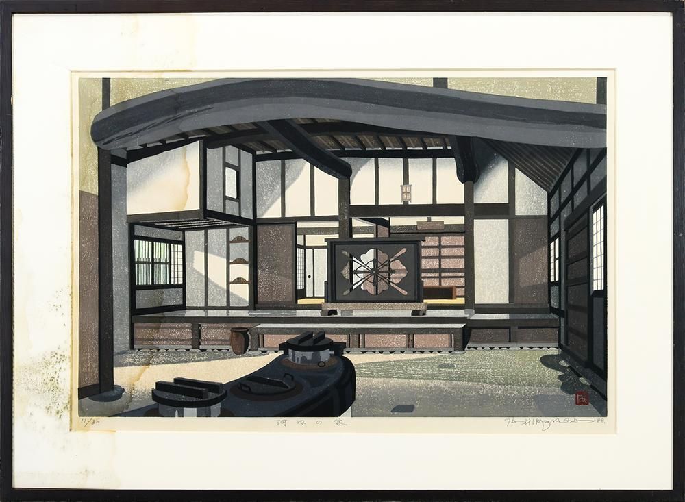 真作 WISH 廣長威彦 河内の家 木版画 約20号 大作 1988年作 直筆サイン 〇大映博物館所蔵 木版画家