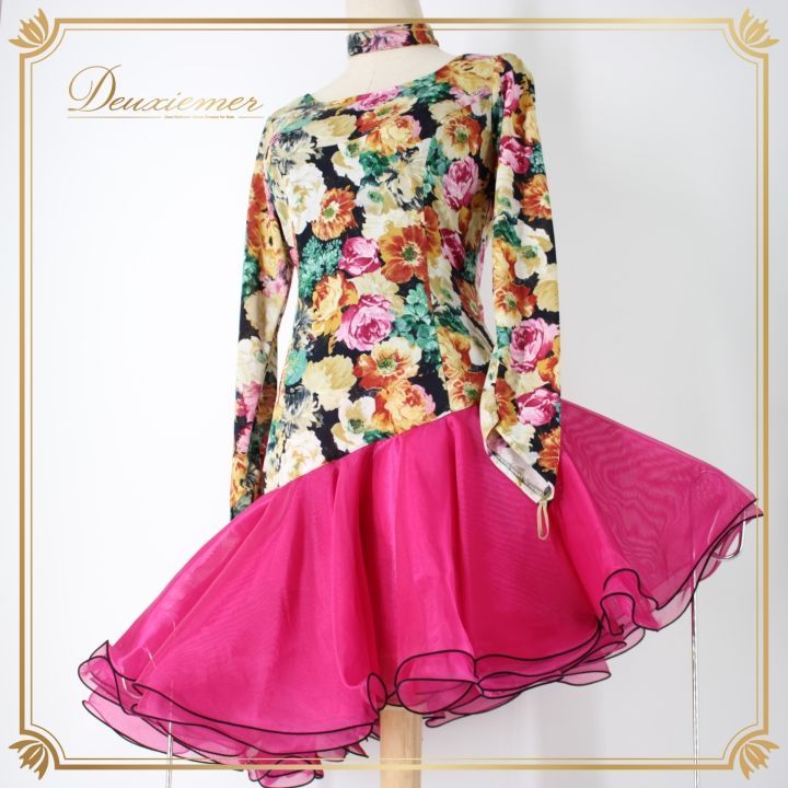 社交ダンス 衣装 ラテン ドレス ワンピース パーティ衣装 U NA ユーナ 黒 ブラック系 マゼンダピンク系 花柄 アシメ アシンメトリー 派手 チョーカー フォーマル 女性用 ステージ衣装 ダンスウェア 発表会 衣装レンタル 特別イベント モダン