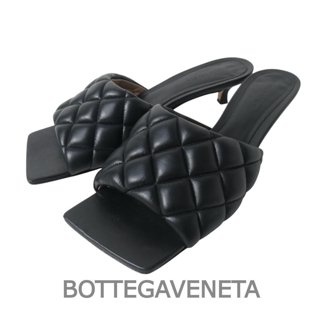 ボッテガヴェネタ サイズ39 約26㎝ レザー マトラッセ キルティング ローヒール スクエアトゥ オープントゥ サンダル ミュール 黒 ブラック レディース