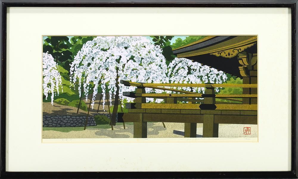 真作 WISH 井堂雅夫 天竜寺 木版画 約8号 1986年作 直筆サイン 桜 〇 木版画家 米国議会図書館他蔵