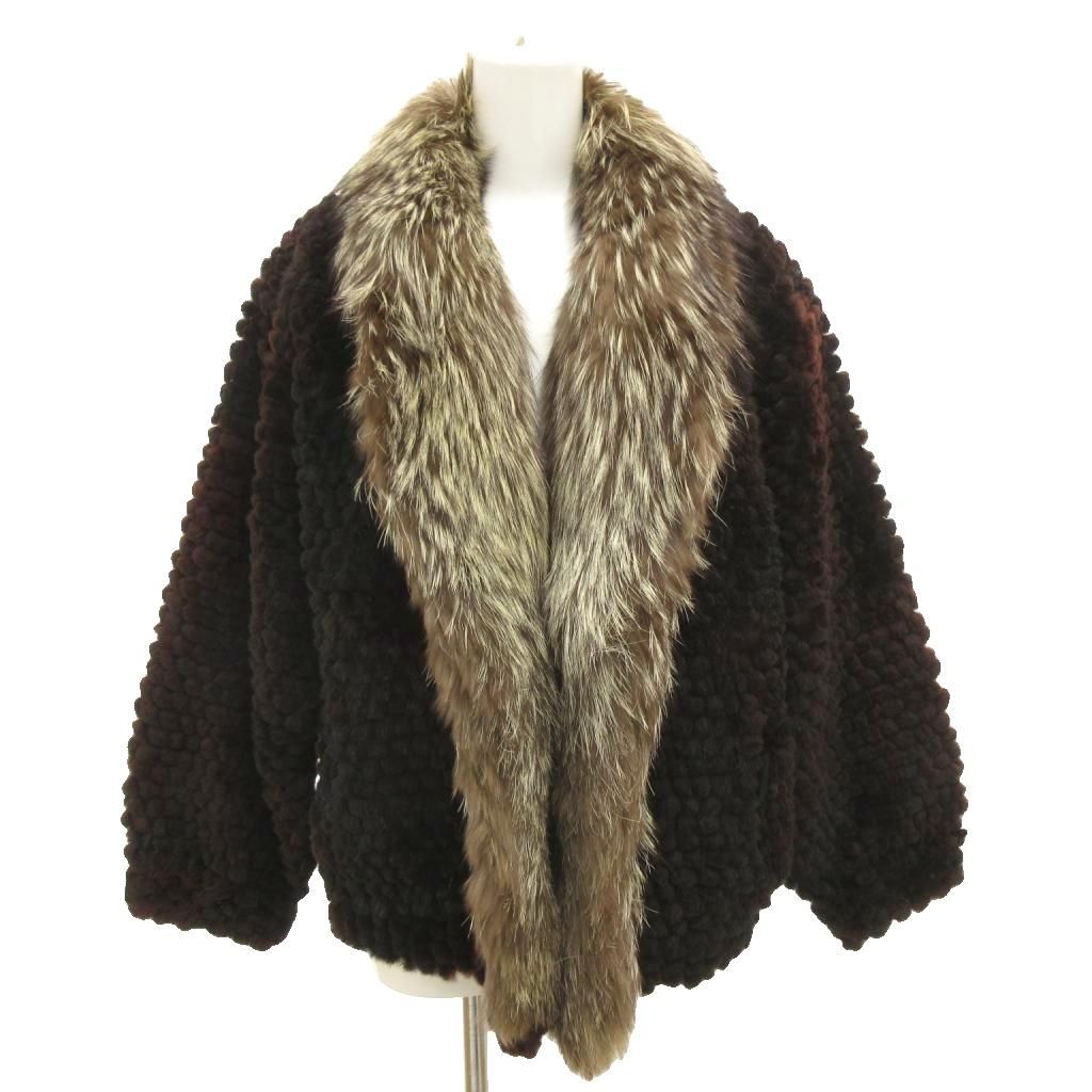 ノーブランド ミンクファーコート 毛皮 ショート F ボタンレス ビックカラー 衿シルバーフォックス 茶 ブラウン GV GY 18
