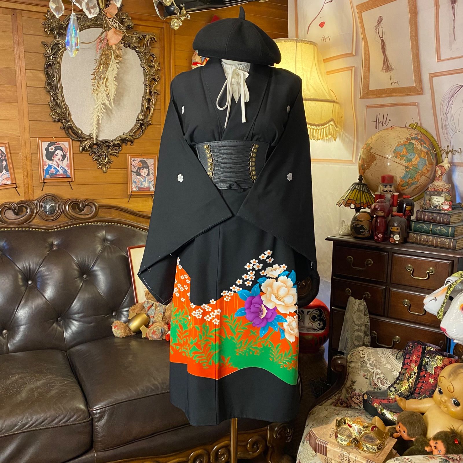 黒留袖 着物 リメイク ワンピース ドレス 和洋折衷 洗える 化繊 ハンドメイド レトロ 古着 華やぎのビビッド花園 TKW-119