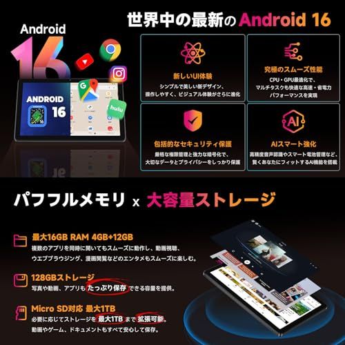 AI最適化OS Android 16 タブレット 初登場 Bmax アンドロイド 10インチ GB 128 1 TB拡張 8コアCPU T 7250 tablet 6000 mAh Type C充電 Widevine L 1対応 無線投影mm