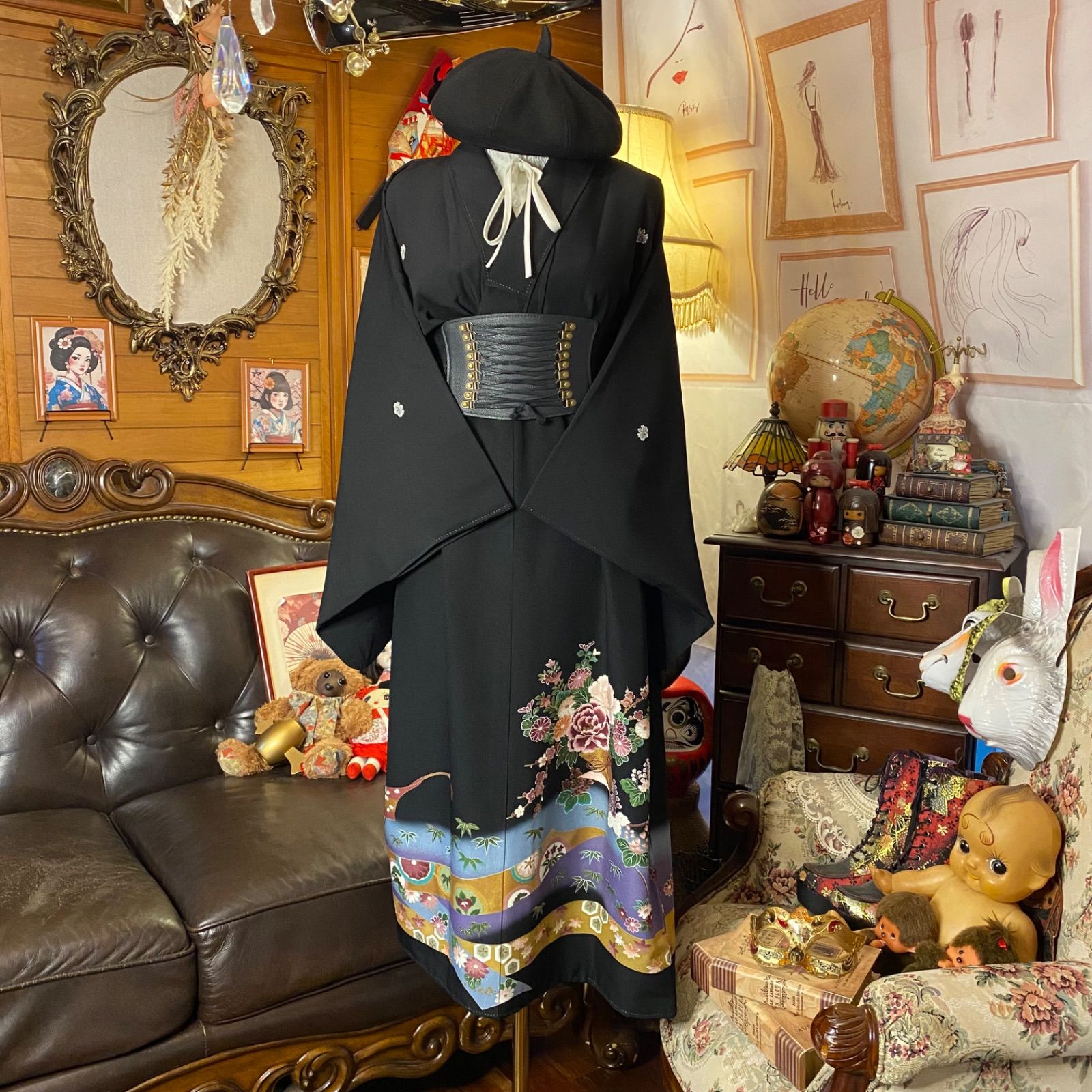 黒留袖 着物 リメイク ワンピース ドレス セミロング 和洋折衷 洗える 化繊 ハンドメイド レトロ 古着 雅なる花束 TKW-121