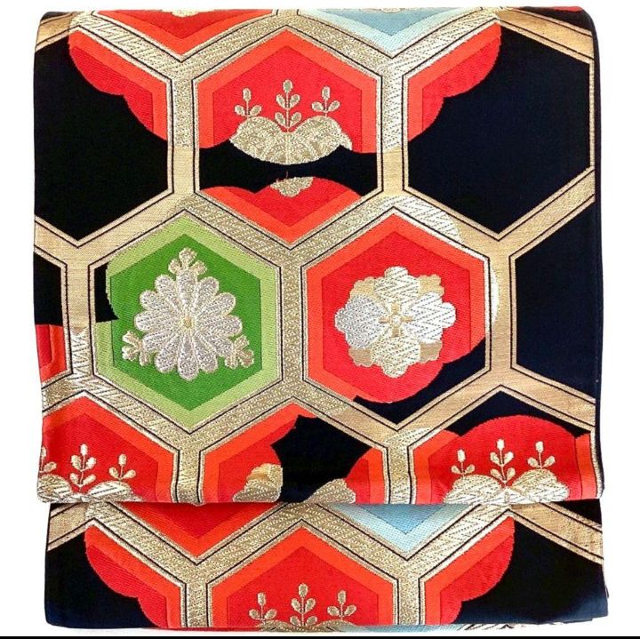 5235］袋帯 桐花亀甲文様 雲取 金銀糸 未仕立て 六通 正絹 着物 黒