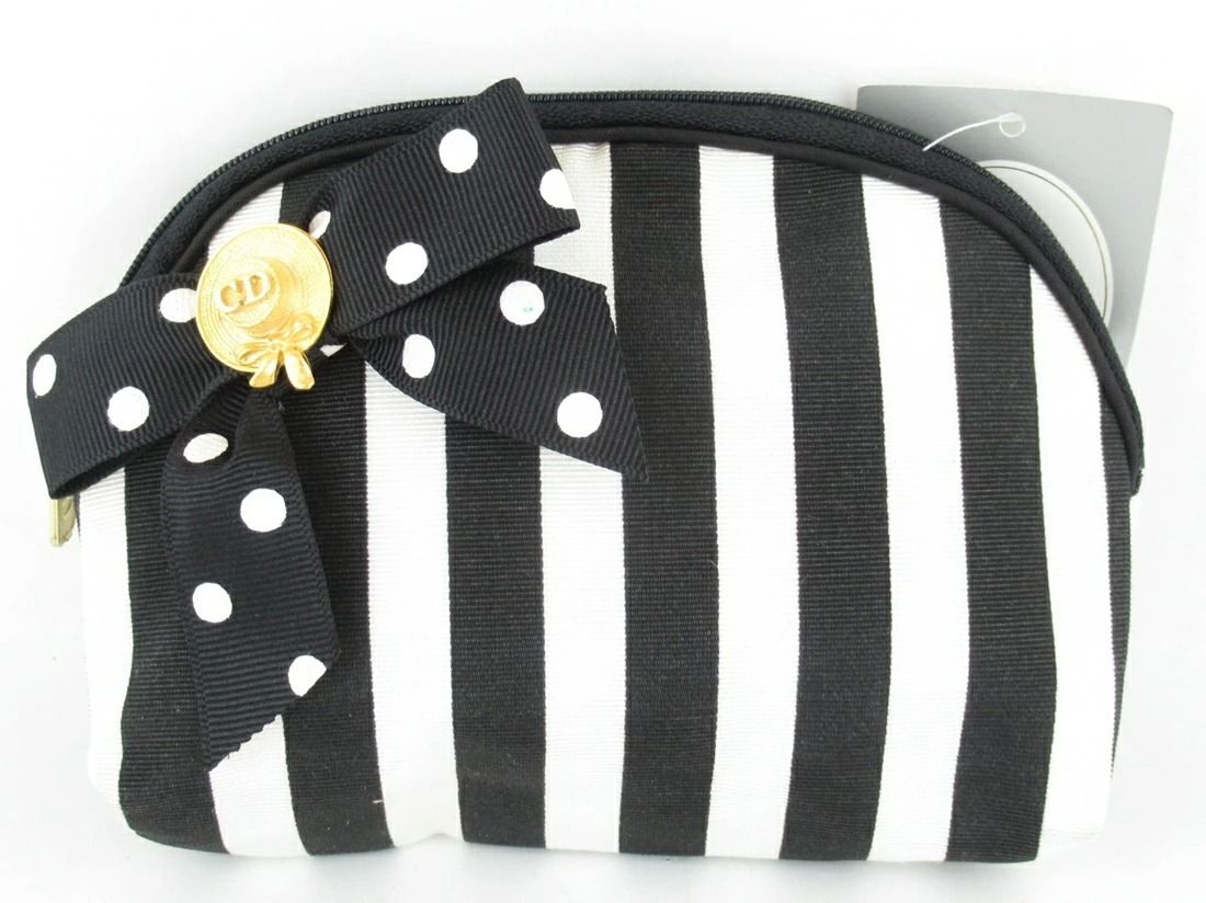 Christian Dior クリスチャン ディオール ファスナーポーチ ジッパー チャック コスメティックポーチ マルチポーチ メイク道具入れ ブラック×ホワイト 黒×白 ブラックリボン 黒 水玉 ドット ストライプ rk 8701