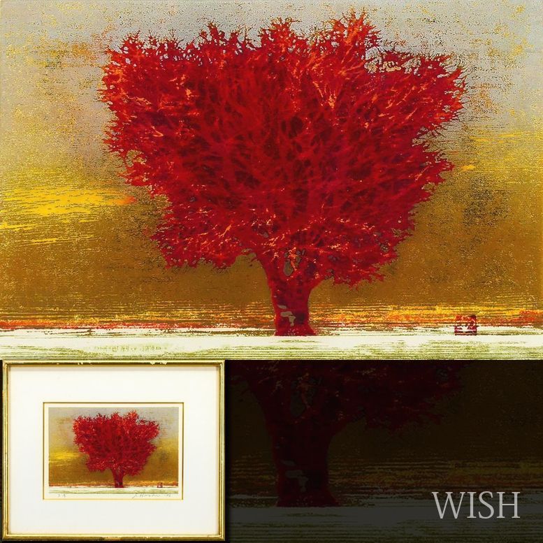 真作】【WISH】星襄一「夕景」木版画 1976年作 直筆サイン 金箔 ◇赤