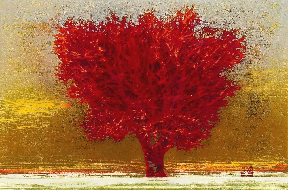 真作】【WISH】星襄一「夕景」木版画 1976年作 直筆サイン 金箔 ◇赤