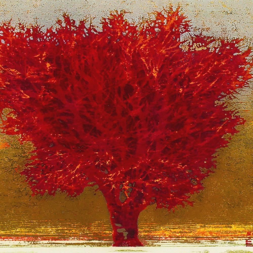 真作】【WISH】星襄一「夕景」木版画 1976年作 直筆サイン 金箔 ◇赤