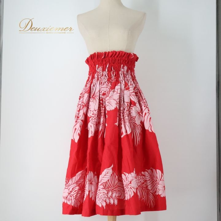 【フラダンス衣装】レッド Lae パウスカート 赤 金 白 茶 モンステラ柄 フラダンス衣装】レッド Lae パウスカート 赤 金 白 茶 モンステラ柄