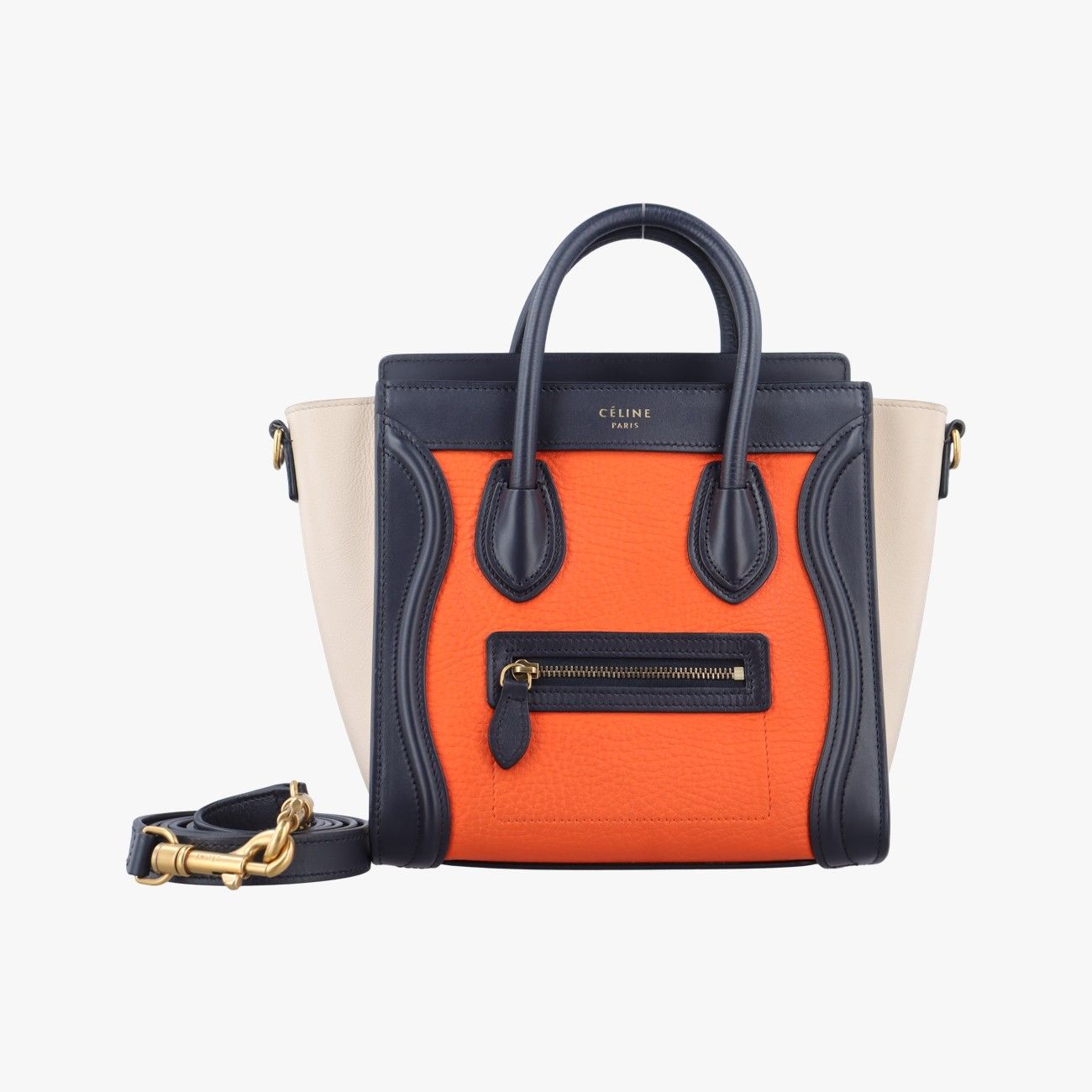 セリーヌCelineラゲージナノショッパー オレンジ ブラック ベージュ レザー S AT 4104 CU 4134