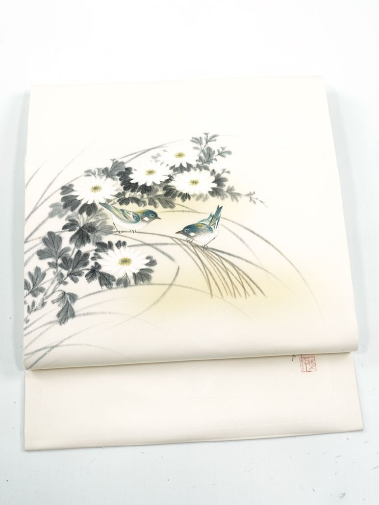 リサイクル 名古屋帯 塩瀬 作家物 手描き 菊に小鳥 正絹 _ 西陣 カジュアル おしゃれ着 洒落着 普段着 パーティ お正月 お茶会 お稽古 練習 八寸 九寸 春 秋 冬 仕立て上がり no 23925 s
