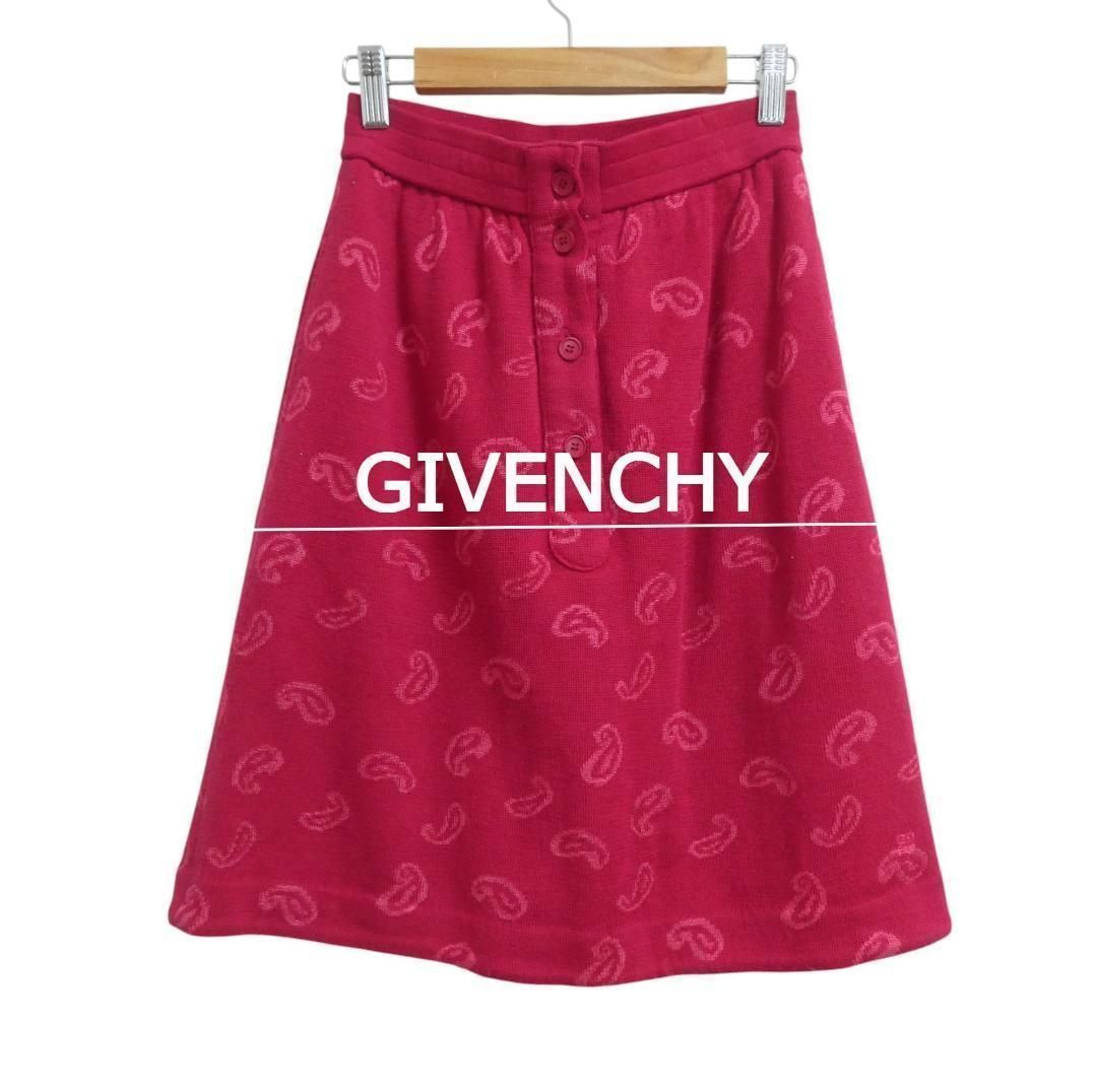 GIVENCHY play ジバンシィ ジバンシー サイズM ペイズリー柄 総柄 フロントボタン ウエストゴム 膝丈 ニット イージースカート フ スカート ウール アクリル 赤 レッド レディース