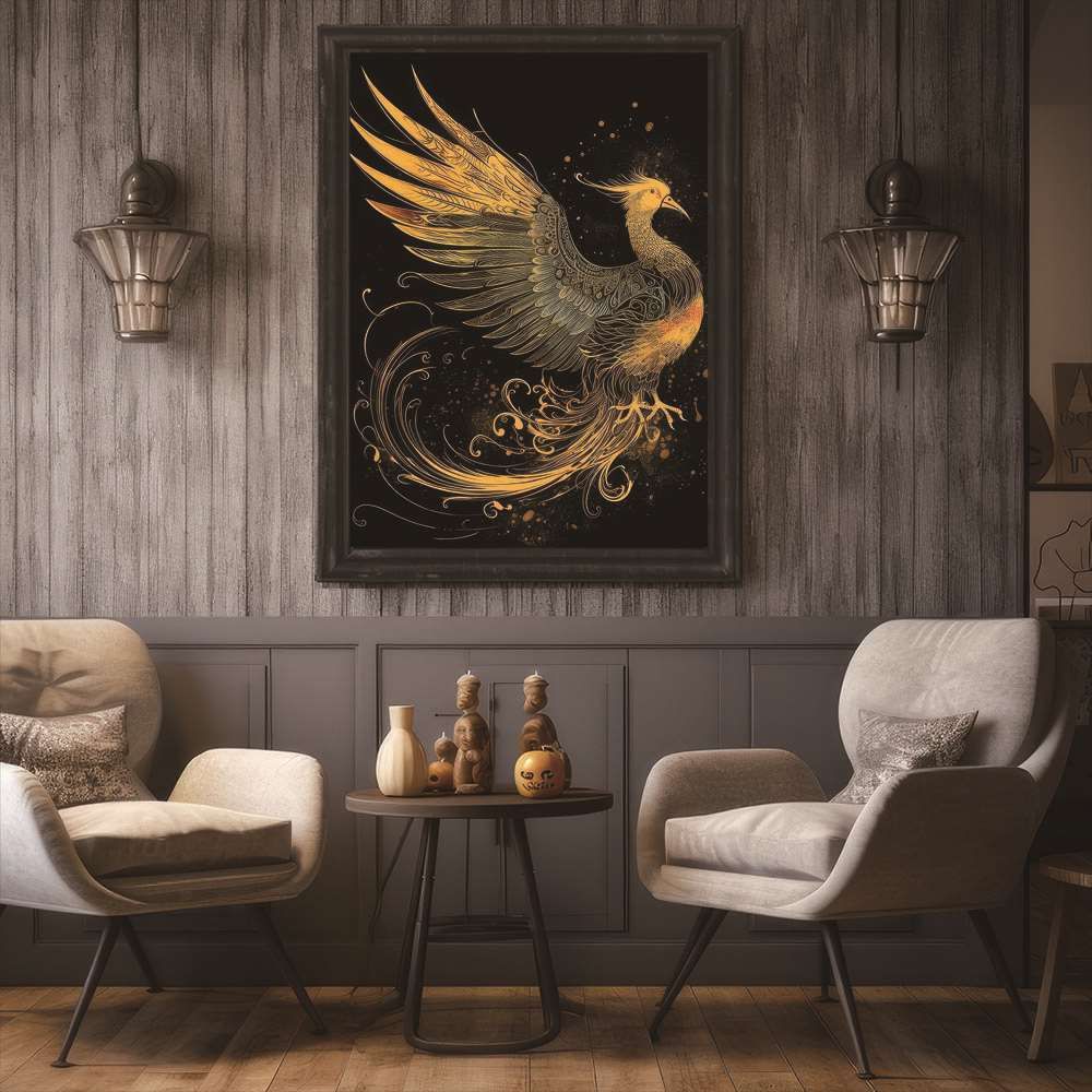 B4サイズ（約25x36cm）】【si-poster-384】金 鳳凰 ホウオウ 極楽鳥