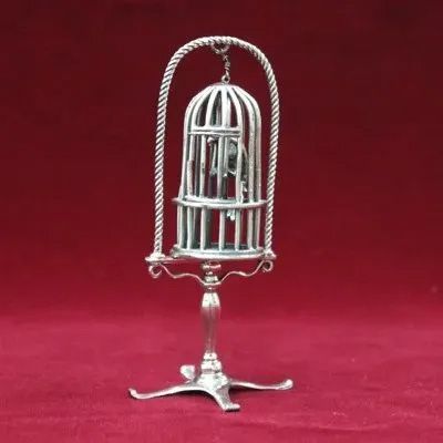 イタリア製 アンティーク 銀製ミニチュアオウムと鳥籠