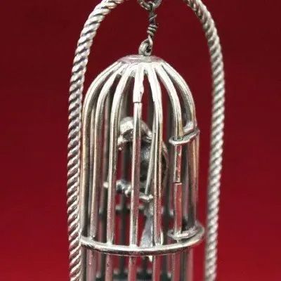 イタリア製 アンティーク 銀製ミニチュアオウムと鳥籠