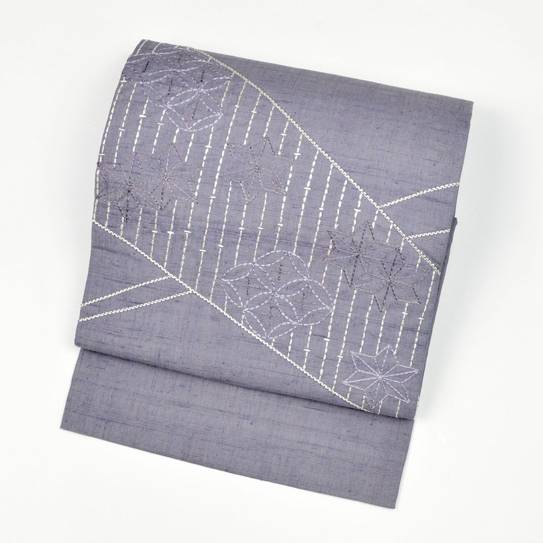 リサイクル 名古屋帯 お太鼓柄 グレー 刺し子 麻の葉 8300 00004