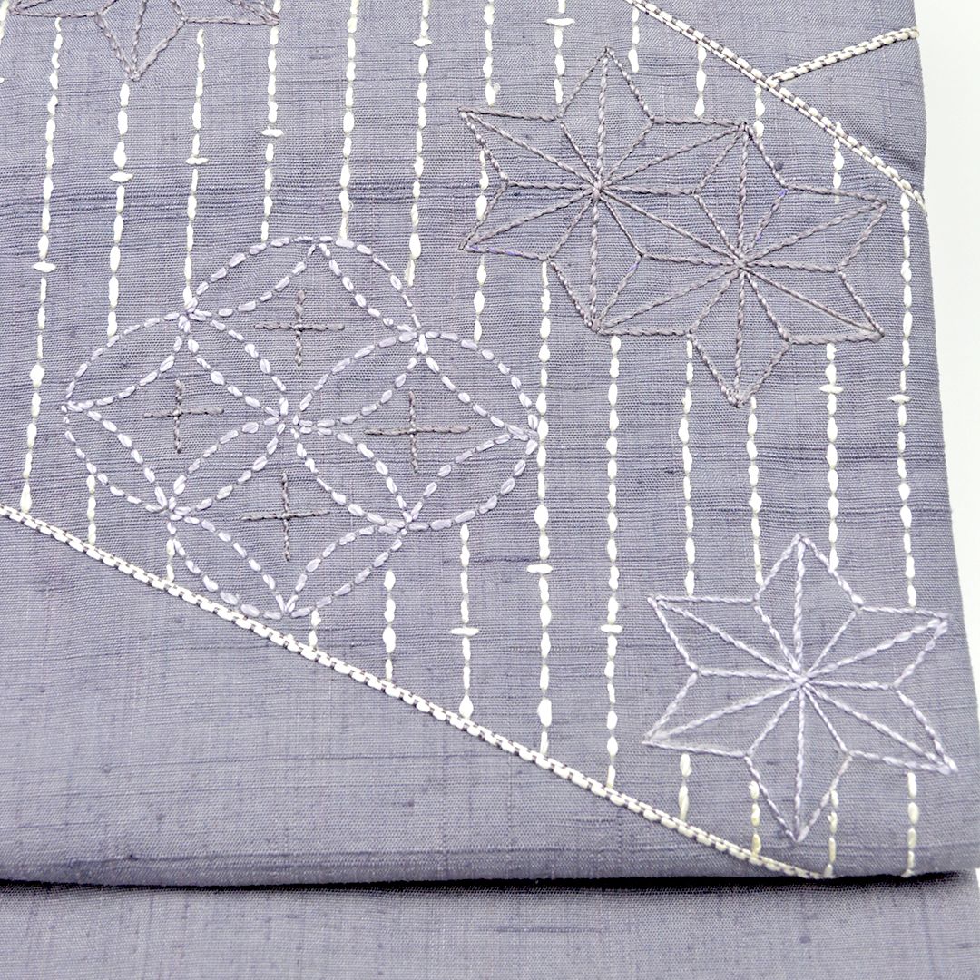リサイクル 名古屋帯 お太鼓柄 グレー 刺し子 麻の葉 8300 00004