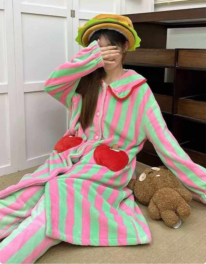 苹果柄ストライプ 冬用フランネルルームウェア上下セット レディース 厚手 保温 パジャマ 外出可 M〜2 XL