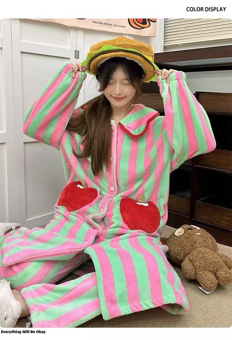  苹果柄ストライプ 冬用フランネルルームウェア上下セット レディース 厚手 保温 パジャマ 外出可 M〜2 XL その他 ルームウェア パジャマ