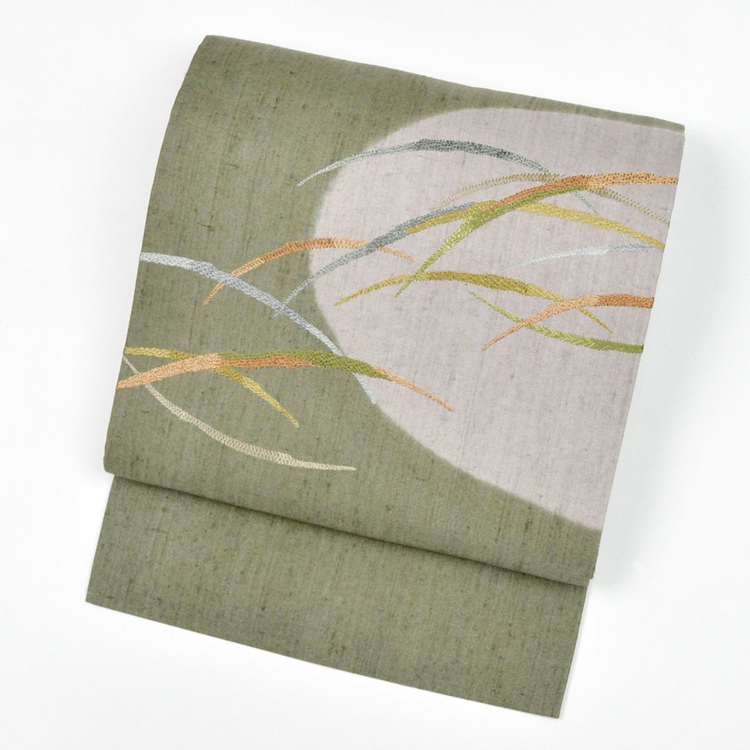 リサイクル 名古屋帯 お太鼓柄 刺繍 露芝 カーキ色 8300 00005