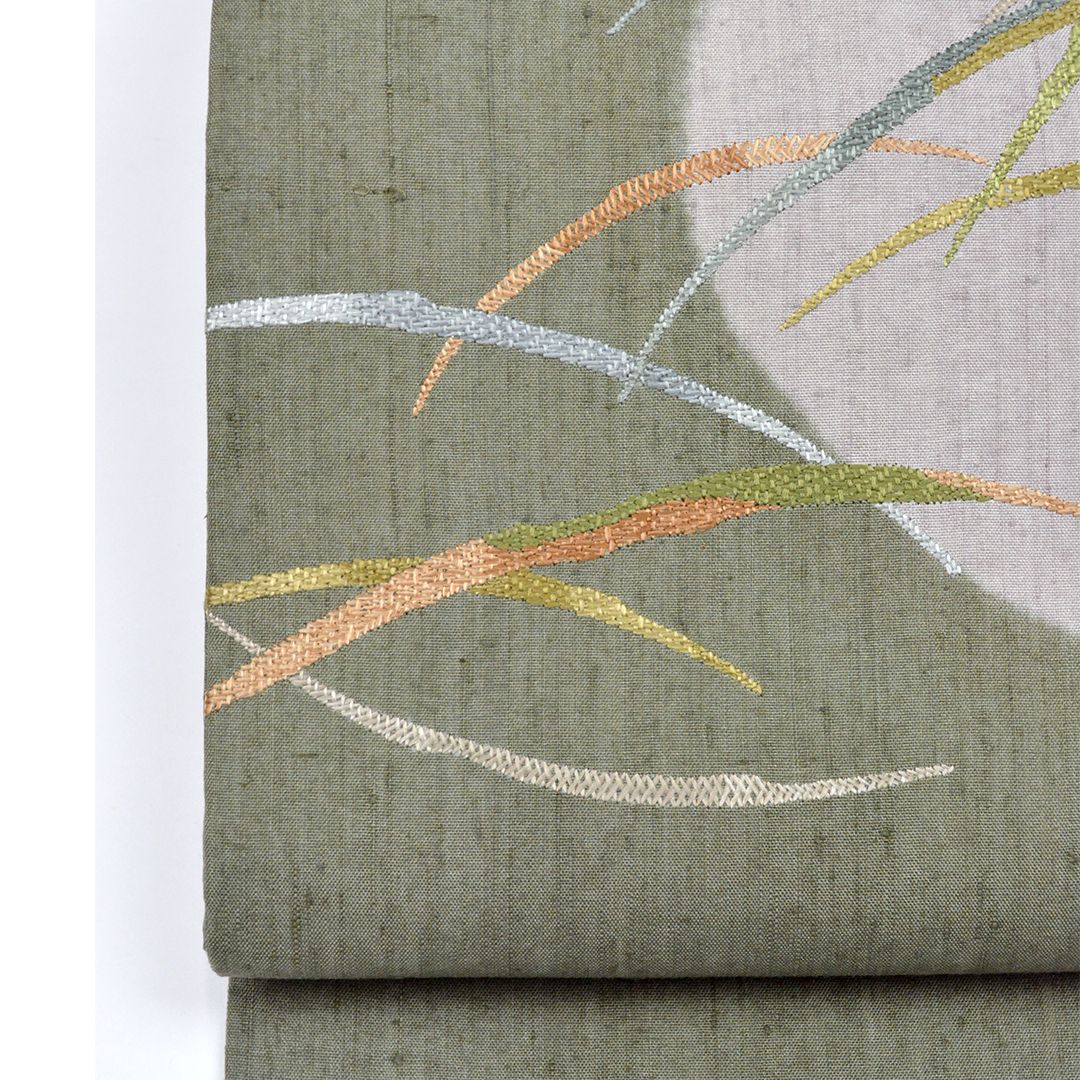 リサイクル 名古屋帯 お太鼓柄 刺繍 露芝 カーキ色 8300 00005