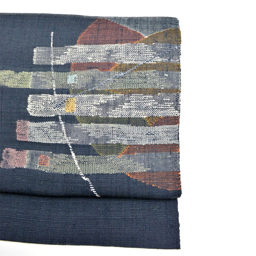 リサイクル 名古屋帯 お太鼓柄 紺色 幾何学 先染め 8300 00006