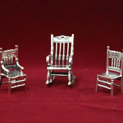 イタリア製 アンティーク 銀製ロッキングチェアと木製スタイル椅子2客セット