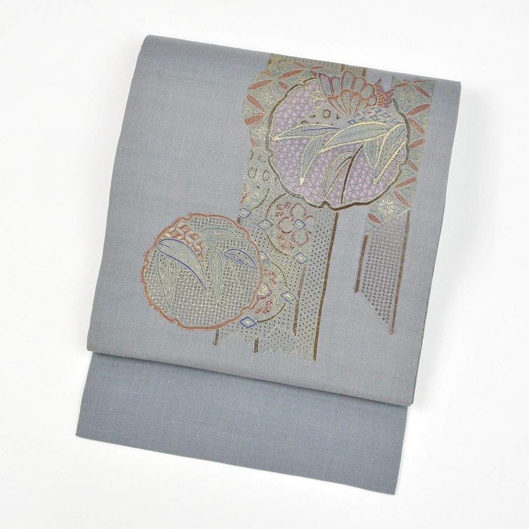 リサイクル 名古屋帯 お太鼓柄 グレー スワトウ刺繍 雪輪 笹 8300 00007