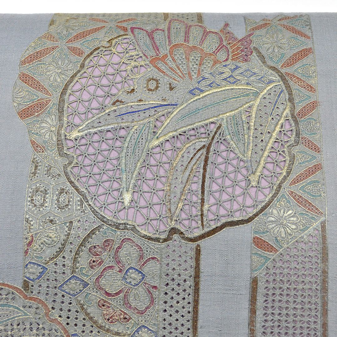 リサイクル 名古屋帯 お太鼓柄 グレー スワトウ刺繍 雪輪 笹 8300 00007