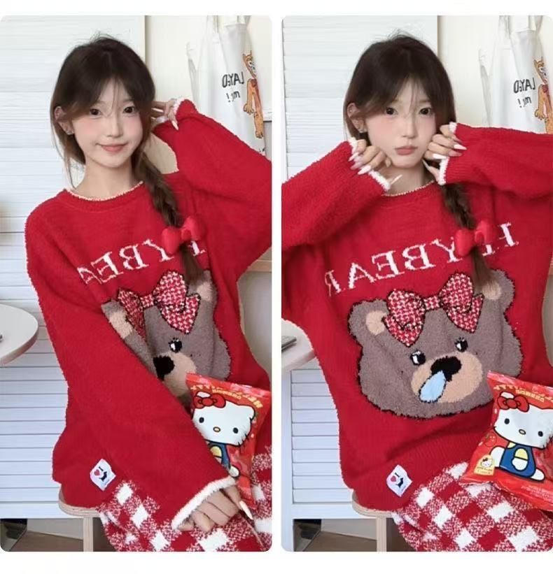  赤チェック くま柄 ルームウェア レディース 半起毛 フリース 前開き パジャマ 秋冬用 フリーサイズ その他 ルームウェア パジャマ