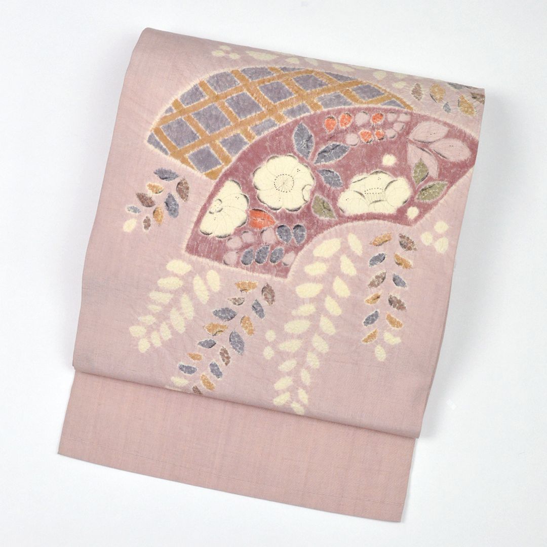 リサイクル 名古屋帯 お太鼓柄 スモーキーピンク 絞り 辻が花 8300 00008