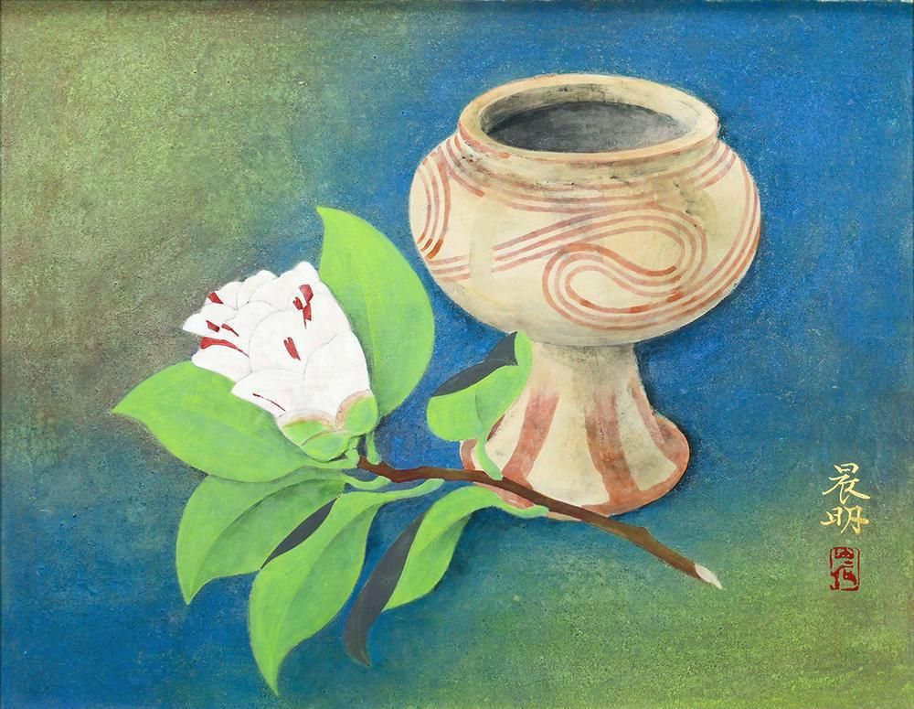 真作】【WISH】加藤晨明「古陶と花」日本画 6号 金落款 共シール 土と