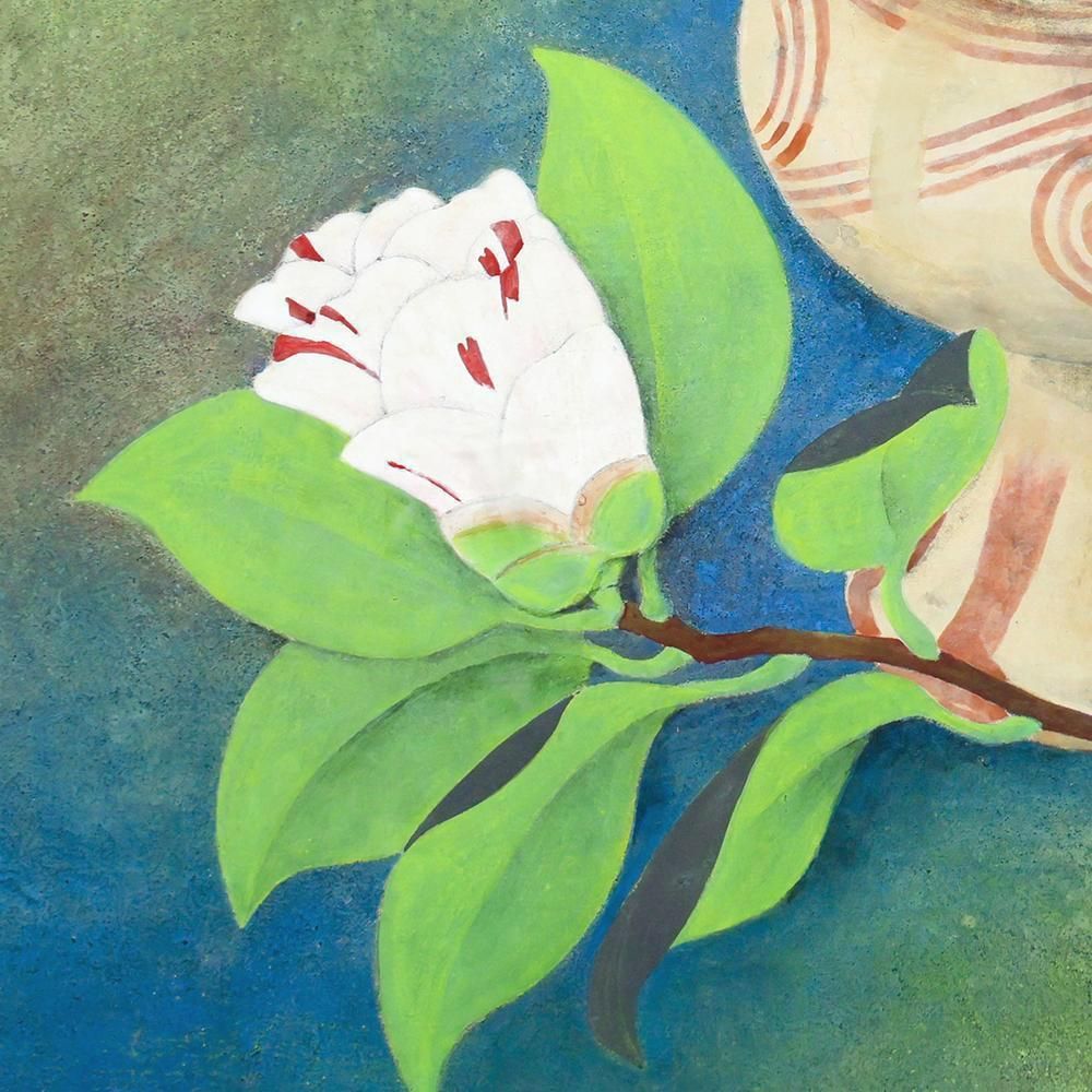 真作】【WISH】加藤晨明「古陶と花」日本画 6号 金落款 共シール 土と