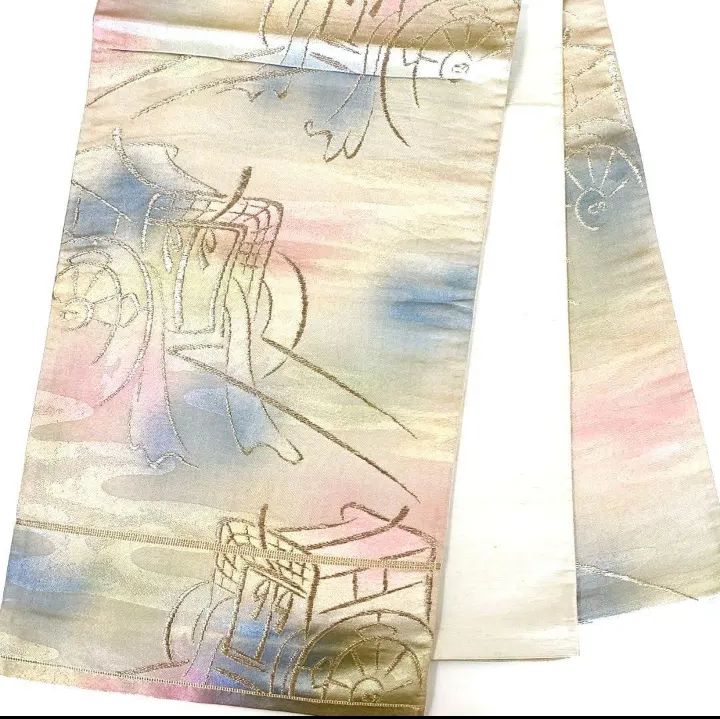 5241］袋帯 御所車霞文様 金彩 ぼかし 六通 正絹 着物 フォーマル