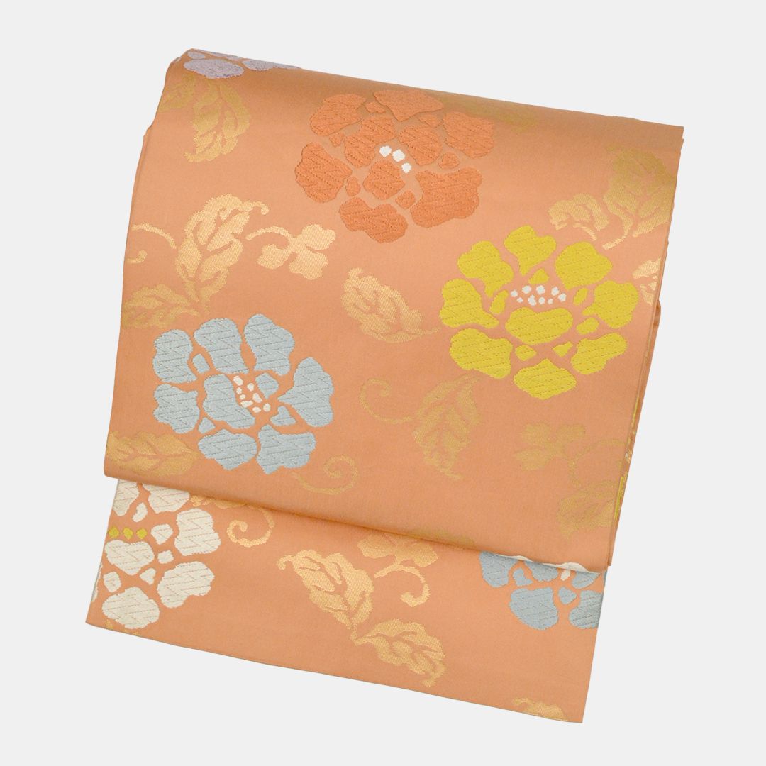 リサイクル 名古屋帯 オレンジ 六通柄 唐織 牡丹 8300 00010