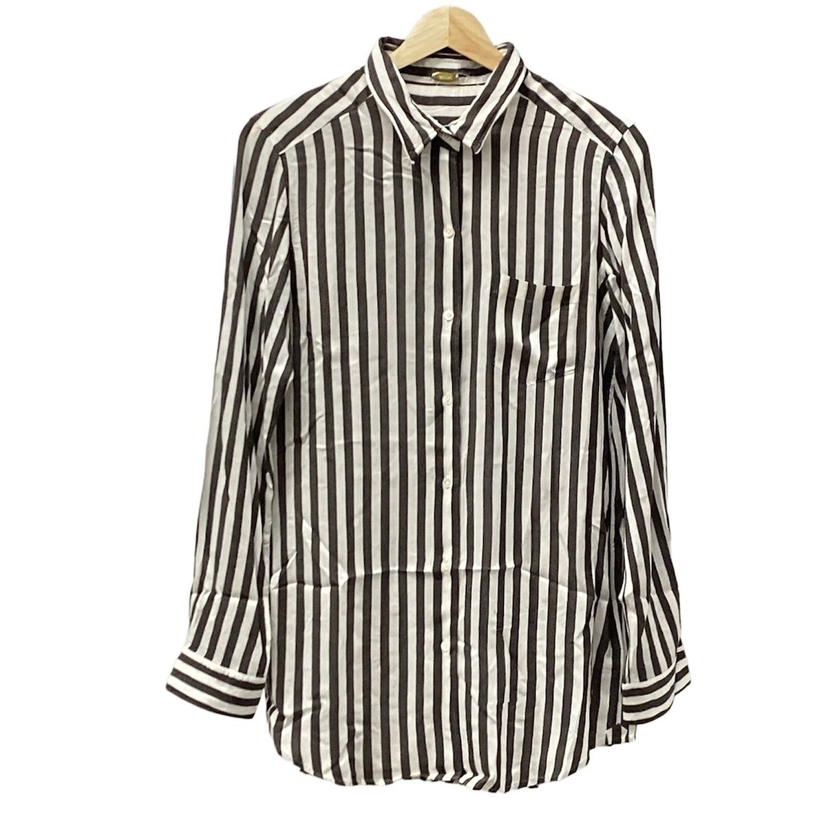 ミューズデドゥーズィエムクラス 長袖シャツブラウス レディース 白 ダークブラウン ストライプ ワイヤー入りカラー