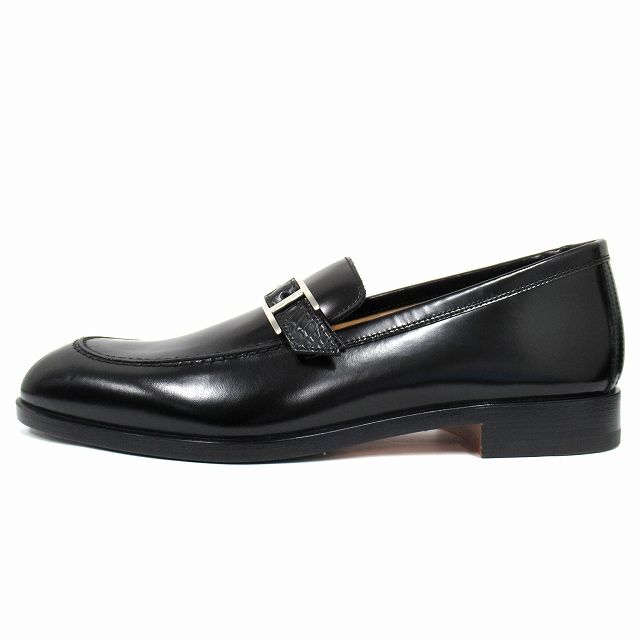 ♥ エルメス HERMES Monterey モントレー モカシン ローファー シューズ スリッポン 革靴 アピバックル カーフレザー アリゲーター ミシシッピ マット サイズ39 5 24 cm 黒 ブラック メンズ 12