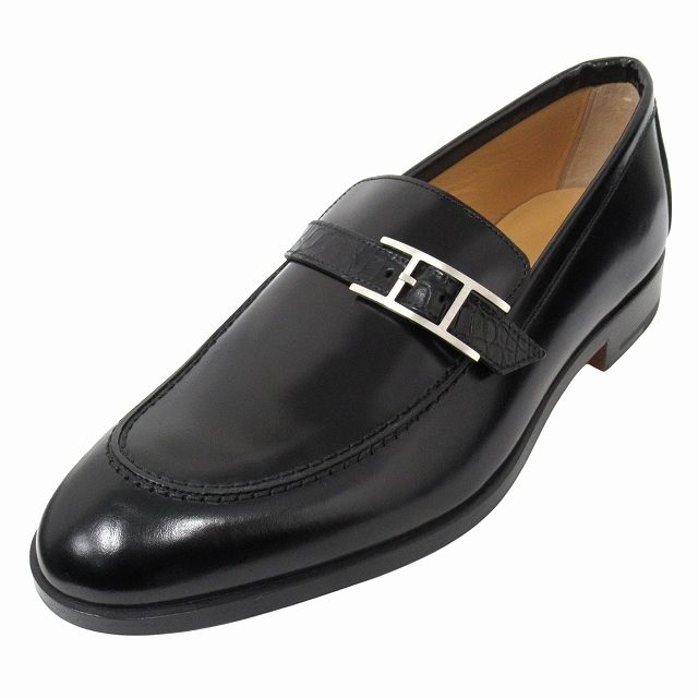 ♥ エルメス HERMES Monterey モントレー モカシン ローファー シューズ スリッポン 革靴 アピバックル カーフレザー アリゲーター ミシシッピ マット サイズ39 5 24 cm 黒 ブラック メンズ 12