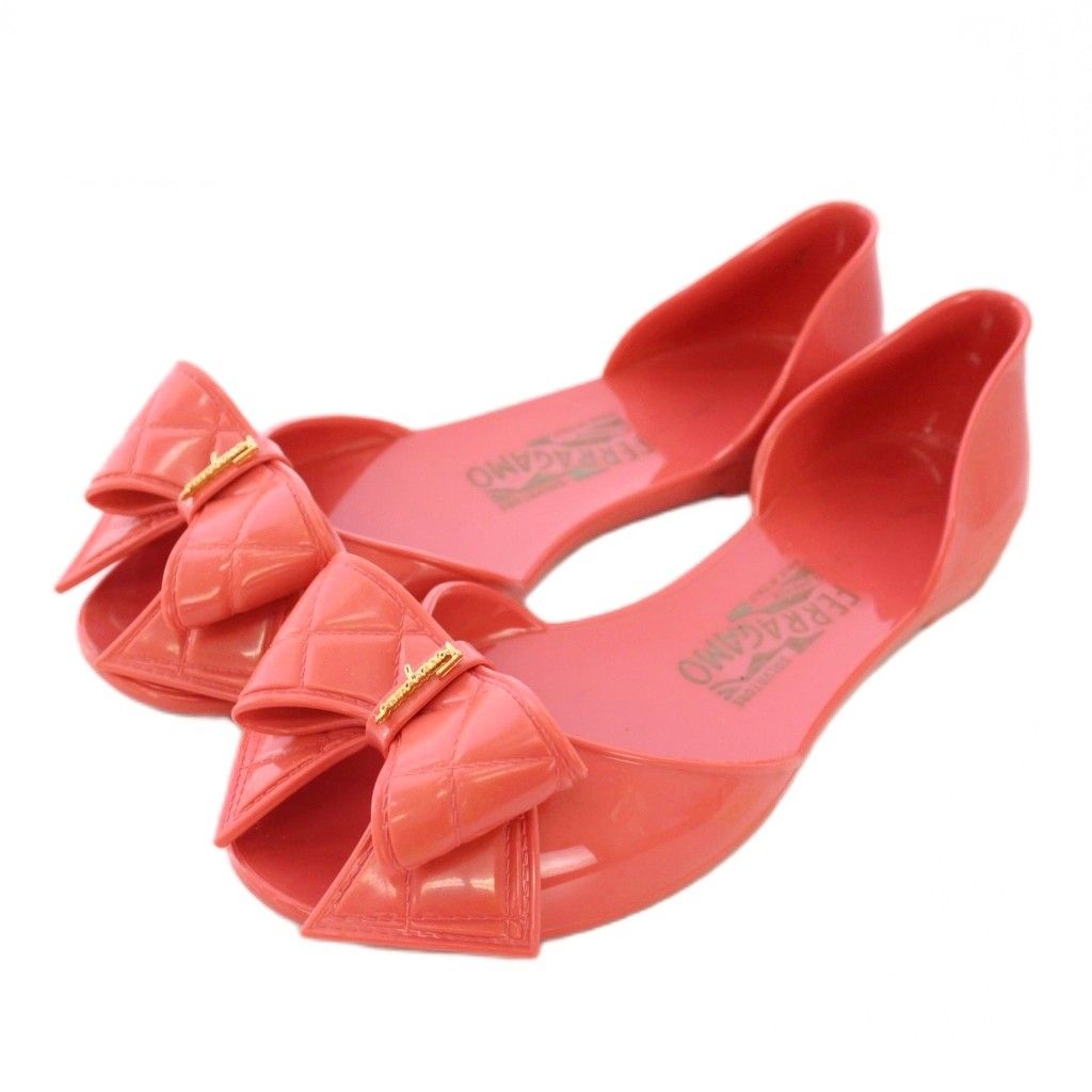 サルヴァトーレフェラガモ Salvatore Ferragamo サンダル フラット ラバー オープントゥ リボン ロゴ ゴールド金具 5 22 cm ピンク XZ GY 17