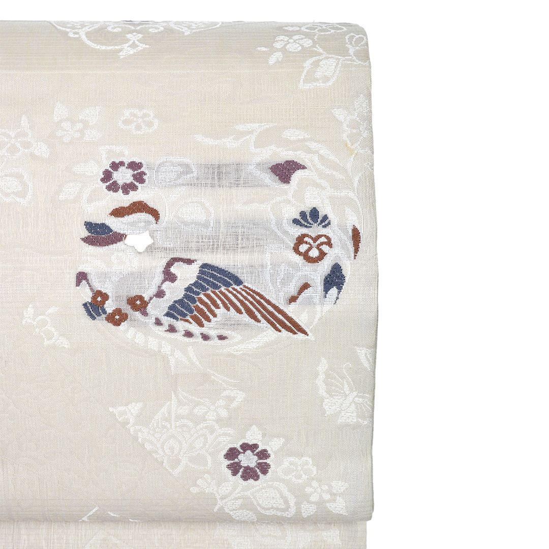 僅かな リサイクル名古屋帯 六通柄 白系 オフホワイト 鳳凰モチーフ柄 8300 00012