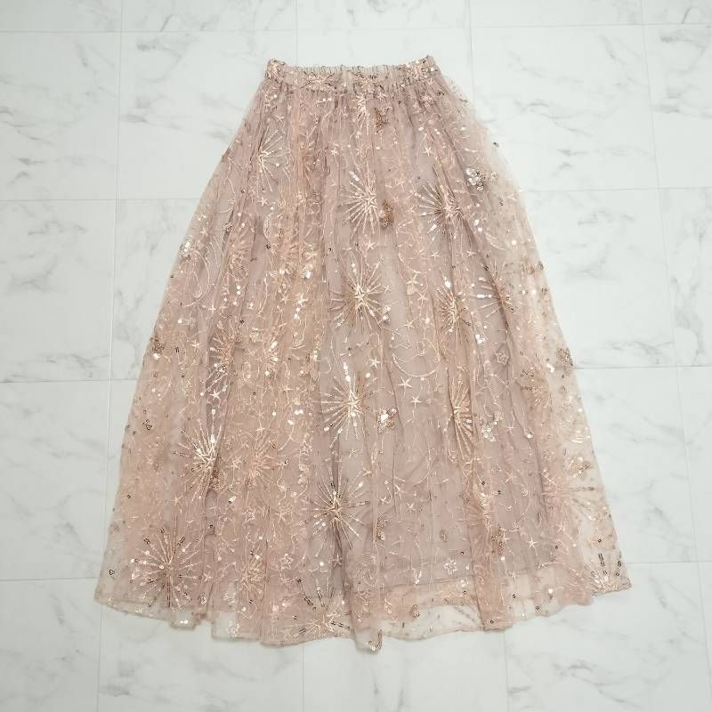 OBLI オブリ 品 刺繍スパンコールチュールスカート ピンク M ロングスカート
