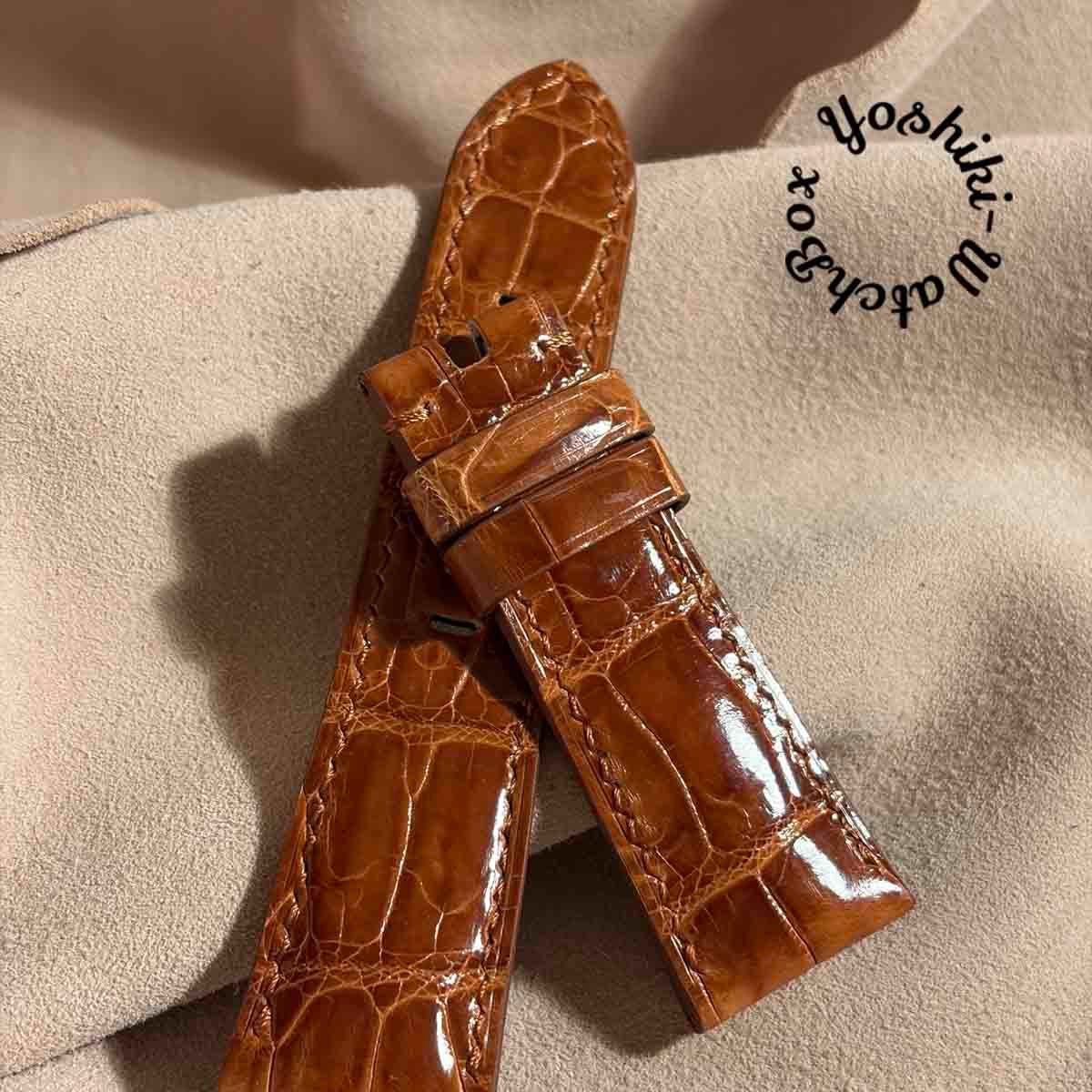 cro 2001 クロコダイル グロス仕上げ 腕時計ベルト ライトブラウン ラグ幅26 mm バックル幅22