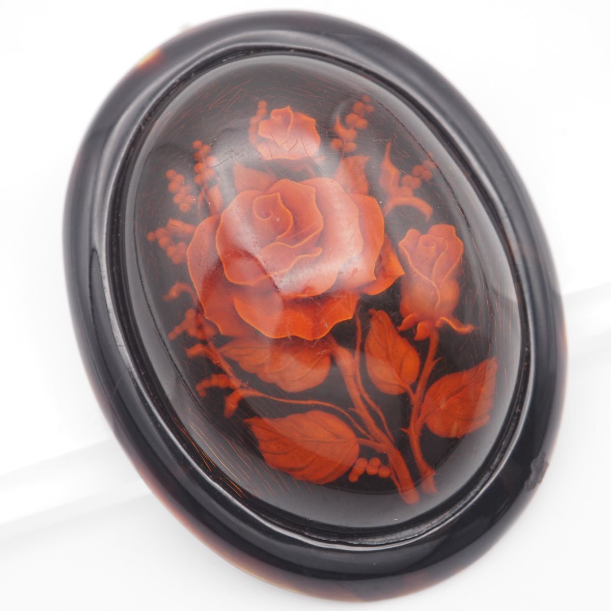 M 159 琥珀 コハク 鼈甲 べっ甲 ブローチ インタリオ彫刻 薔薇 デザイン